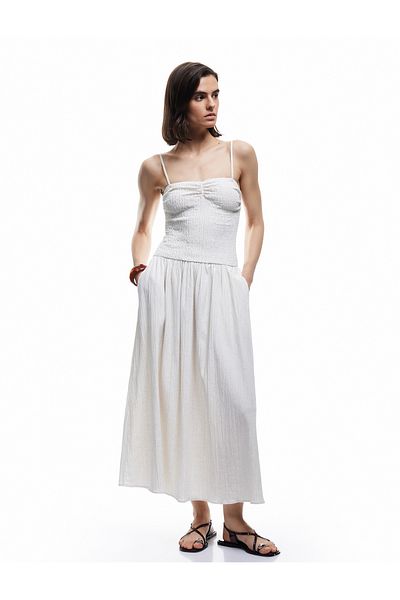 Koton Viscose Linen Blended Textured Sweetheart Neckline Long Slim Strap Flared Dress