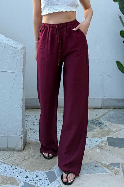 la & vetta Burgundy Linen Blended Loose Cut Trousers
