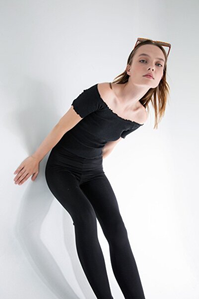 la & vetta Siyah Örme Carmen Yaka Crop Bluz