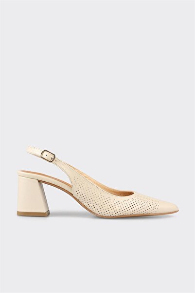 Elle Shoes Ekru Deri Kadın Topuklu Ayakkabı