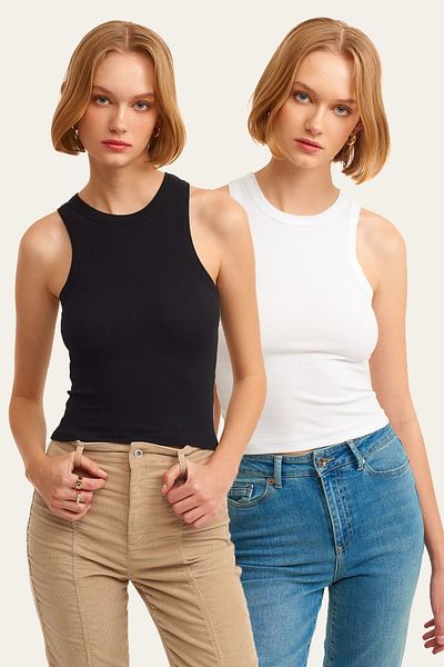 la & vetta Pack of 2 Ribbed Halter Collar Knitted Tank Top
