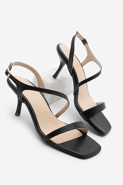 Marjin Women's Lazon Black Heeled Sandals Blunt Toe Banded Ankle Tie