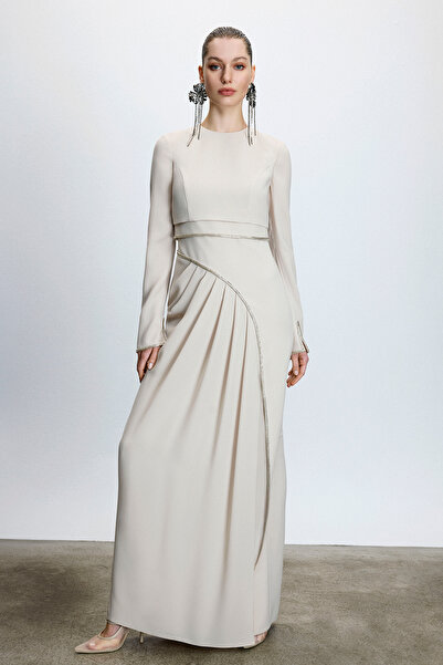 MERCI MS FANCY Asimetrik Drapeli Taş İşlemeli Saten Uzun Abiye Elbise