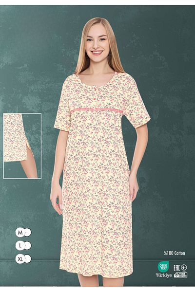 MİSS LOLİTA Women's Plus Size Floral Pattern 100% Cotton Short Sleeve Nightdress 523