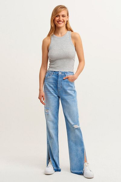 la & vetta Women's Gray Ribbed T-shirt Halter Neck Knitted Tank Top