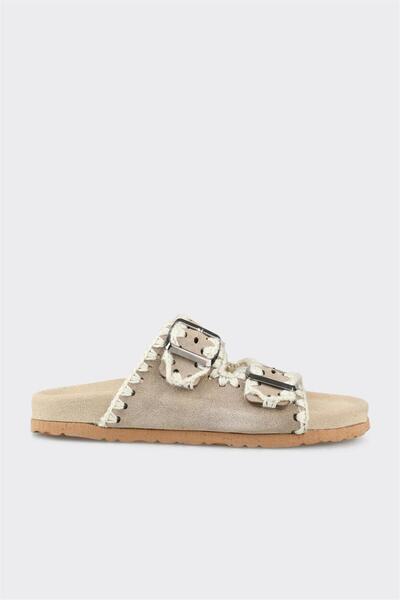 Elle Shoes Bej Deri Kadın Düz Terlik