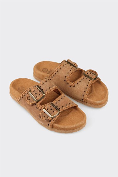 Elle Shoes Taba Deri Kadın Düz Terlik