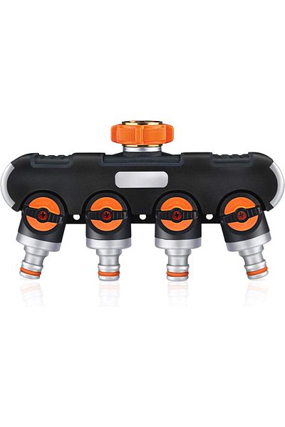 Manolex Garden Hose Splitter, 4 Connectors And 4 Valves, Black/orange Color