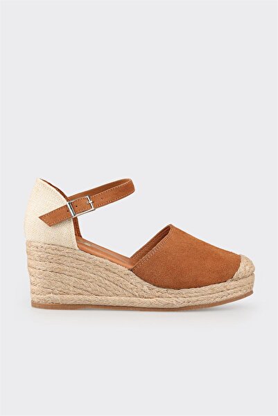 Elle Shoes Taba Deri Kadın Dolgu Topuk Ayakkabı