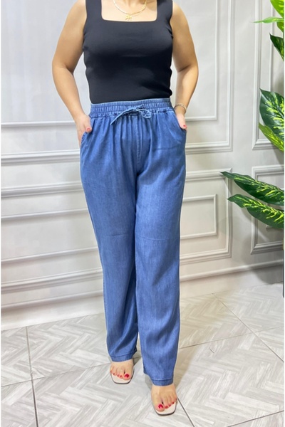 AKŞEN GİYİM Kadın Büyük Beden Pamuklu İnce Denim Kumaş Kot Jean Bol Paça Pantolon