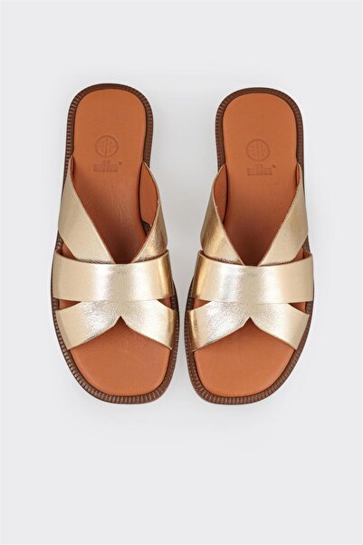 Elle Shoes Gold Deri Kadın Düz Terlik