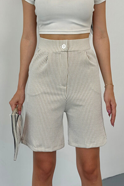 alanora Kadın Keten Rahat Dökümlü Çizgili Şort