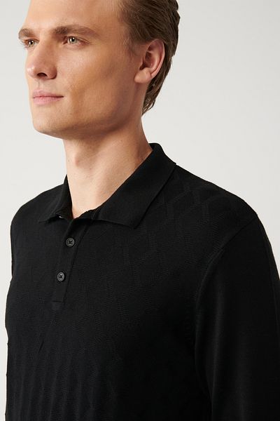 Avva Men's Black 3-Button Front Patterned Knitwear Sweater A32Y5088