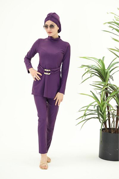 NS Tasarım Tesettür Mayo Aren Gold Buckle Detailed Design Hijab Swimsuit Set