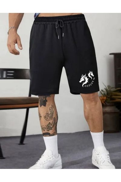 DEEPSENCE Ανδρικό μαύρο Dragon Ejder χτενισμένο βαμβακερό σορτς για γυμναστική αθλητική προπόνηση τρέξιμο