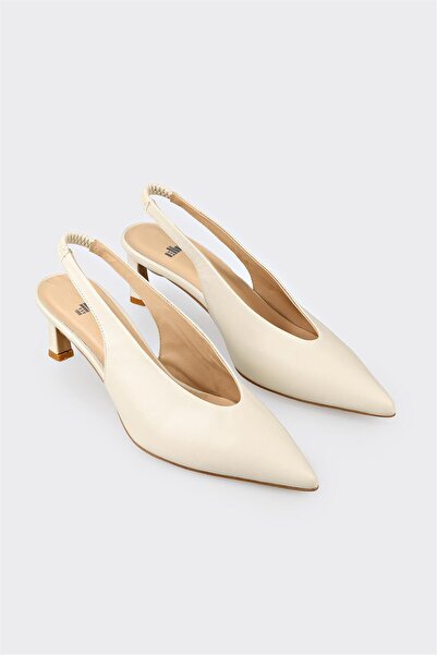 Elle Shoes Bej Deri Kadın Topuklu Ayakkabı
