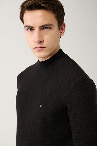 Avva Men's Black Half Turtleneck Textured Neck Knitwear Sweater A32Y5166