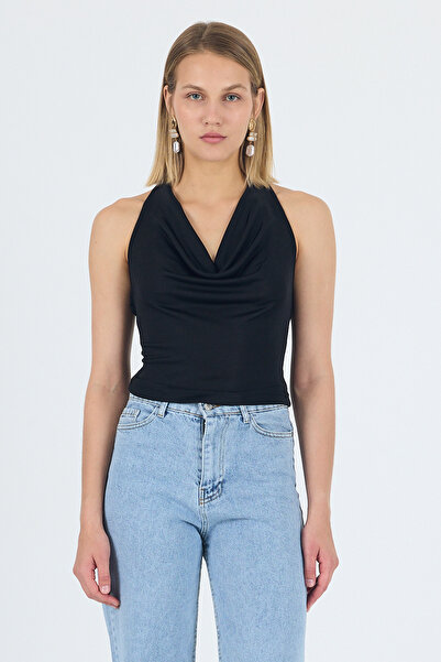 Eco Sense Sırt Dekolteli Kolsuz Bluz - Dökümlü Yaka, Tokalı, Askılı, Esnek Parlak Kumaşlı