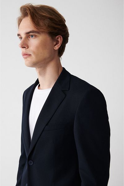 Avva Men's Navy Blue Single Slit Flap Pocket Lined Jacket A32Y4022