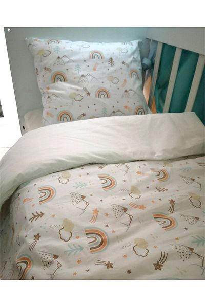 Bebek Özel 100% Cotton Kids 90X180 Crib Pillow Sheet Quilt Set Brown Rainbow Cream