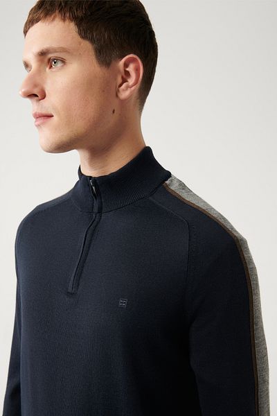 Avva Marineblauer Herren-Strickpullover aus Wollmischung mit Reißverschluss und Stehkragen aus Wollmischung A32y5093