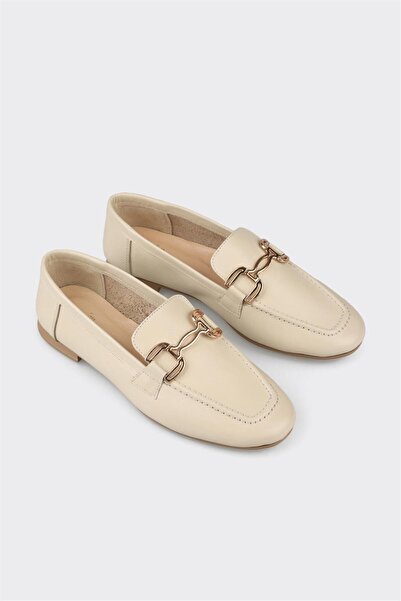 Elle Shoes Ekru Deri Kadın Loafer