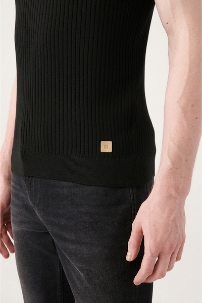 Avva Men's Black Crew Neck Ribbed Ribbed Knitwear T-Shirt A31Y5003