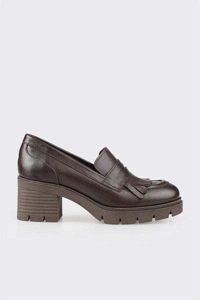 Elle Shoes Brown Leather Women's Mid Heel Shoes