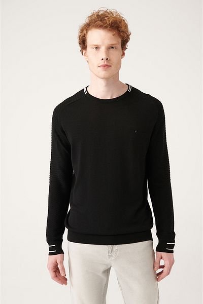 Avva Men's Black Crew Neck Soft Button Knitwear Sweater A31Y5108