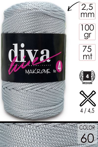 Diva İplik Diva Macrame - 60 Ασημί, Χοντρό νήμα (NO:4)