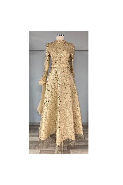 Bijutek Rhinestone and Bead Embroidered Puffy Sleeves Tie-Up Special Occasion Hijab Evening Dress