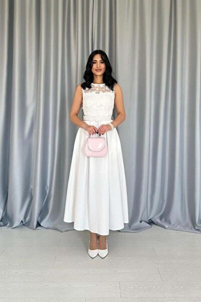 Genel Markalar Beyaz Önü Dantel Detaylı Kemerli Elbise