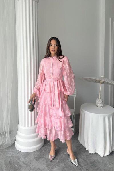 Genel Markalar Şeker Pembesi Uzun Volanlı Elbise