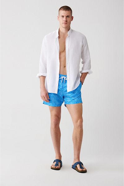 Avva Costum de baie pentru bărbați, albastru, cu uscare rapidă, cu imprimeu floral, mărime standard, personalizat, cu geantă de transport, pantaloni scurți de baie A31y3809