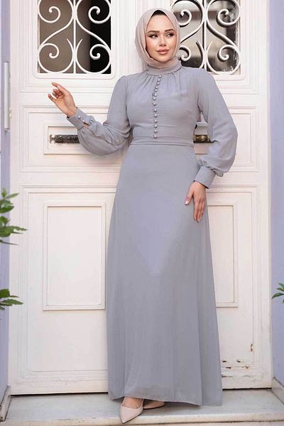 N.S NEVA STYLE Κουμπί Λεπτομερές Σκούρο Γκρι Φόρεμα Hijab 2703KGR