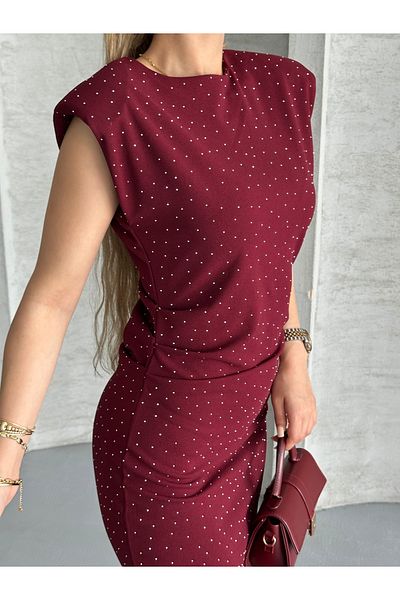 Moda Palmiss Women's Burgundy Stone Detailed Shoulder Padded Midi Dress