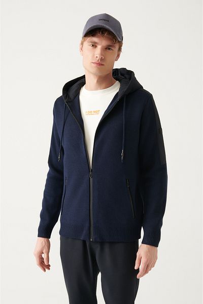 Avva Palton cardigan cu glugă și fermoar pentru bărbați, albastru bleumarin, amestecat de lână A22y6093