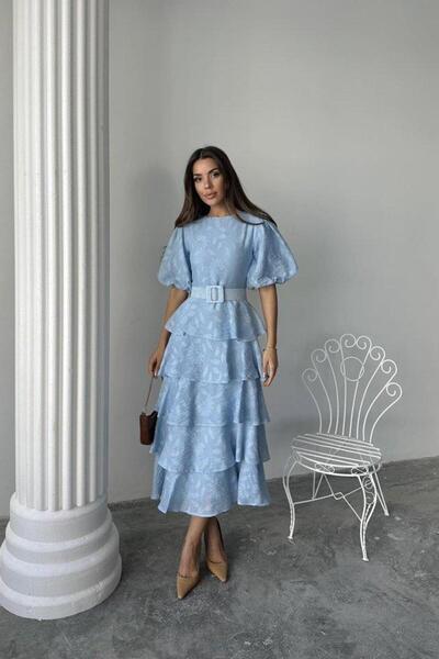 Genel Markalar Bebe Mavi Kat Kat Balon Kollu Kemerli Elbise