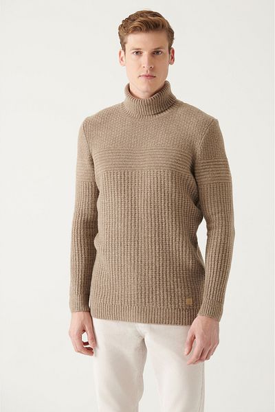 Avva Men's Mink Full Turtleneck Textured Knitwear Sweater A22Y5023