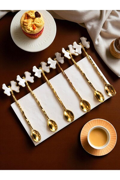 CHANCE GİFT طقم مطلي بالذهب على شكل فراشة مكون من 6 ملاعق شاي (أبيض)