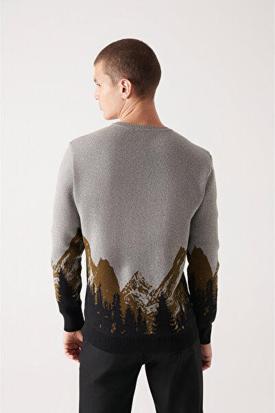 Avva Pánský khaki svetr s výstřihem se vzorem 100% bavlny A22Y5064