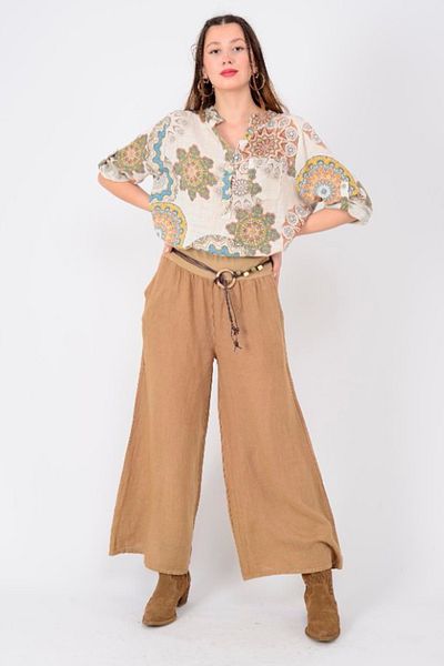 AYASOFYA OTANTIK Women's Camel Italian Rope Belted Wide Leg Linen Trousers
