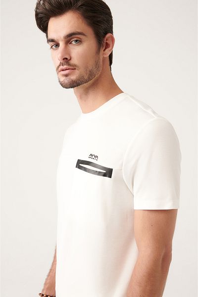 Avva Men's Ecru Crew Neck Soft Button Back Printed T-Shirt A31Y1005