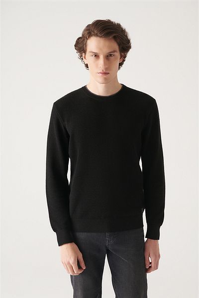 Avva Men's Black Double Collar Textured Cotton Knitwear Sweater A22Y5001