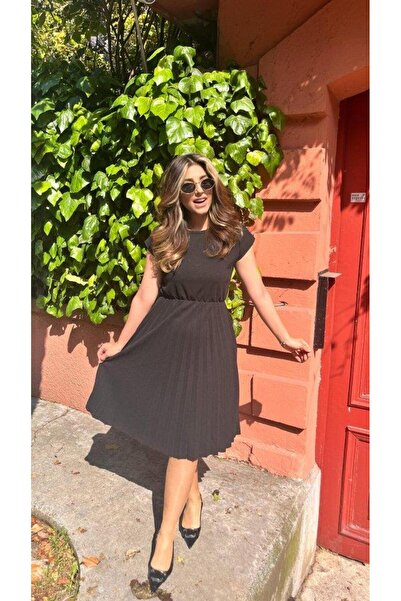 MODA Γυναικείο κοντομάνικο ανοιχτό γιακά ελαστική μέση πλισέ κοντό εισαγόμενο κρεπ φόρεμα