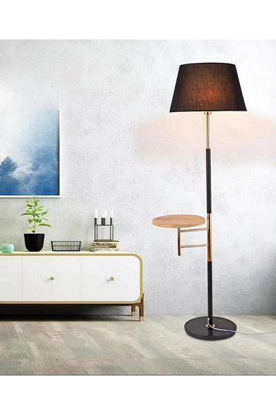 rexa Modern Floor Lamp with Side Table – Black Shade & Gold Accents