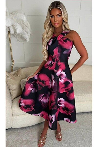 Genel Markalar Kadın Halter Yaka Detay Ciçek Baskılı Midi Boy Elbise