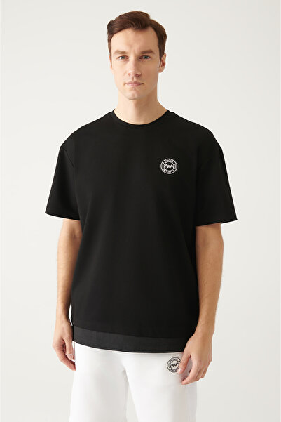 Avva Schwarzes Garni-T-Shirt aus Baumwolle mit Rundhalsausschnitt für Herren A31y1007