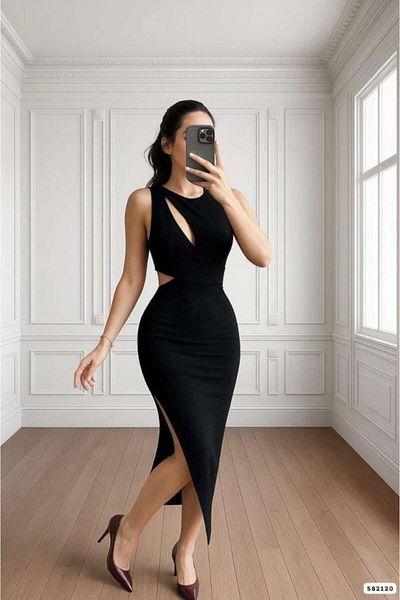 Weahus CO Women's Chest Detailed Back Low-Cut Slit Detailed Scuba Dress