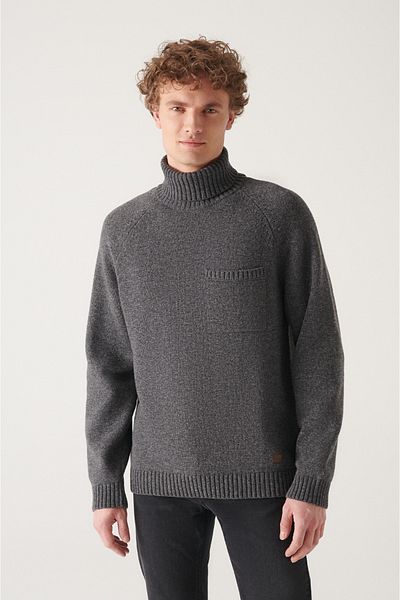 Avva Men's Anthracite Full Turtleneck Reglan Sleeve Wool Sweater A22Y5036
